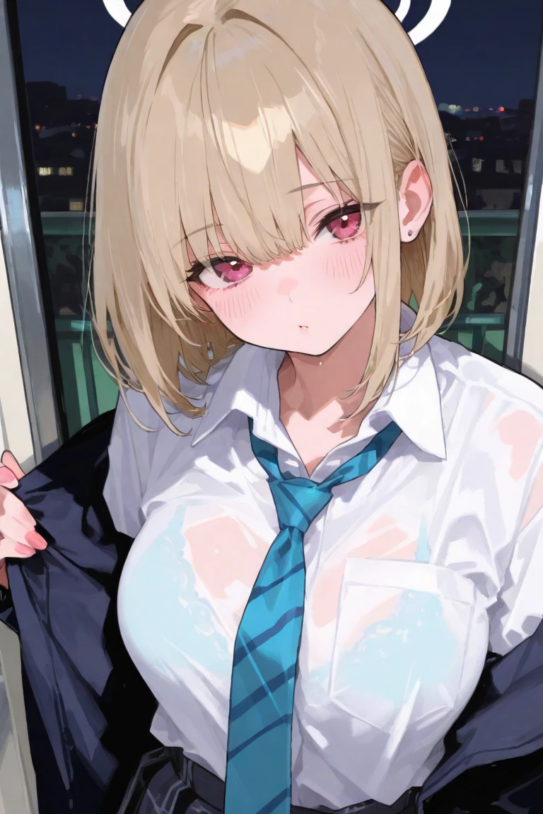 a woman in a white and unbuttoned business shirt, shirts been wet and ??????? seethroughed,  rainy, eye contact, delicate facial features, beautiful detailed eyes, beautiful detailed lips, extremely detailed eyes and face, long eyelashes, cinematic lighting, dramatic colors, intricate details, 8k, highly detailed, masterpiece