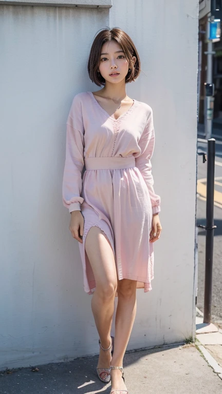 (Full body portrait)、Japanese、最強のJapanese美少女、Cute Face、Idol's face、Idol Master、Top Knot、She looks like she's 12'She is very childish'20-year-old、(((((Only one breast is visible through the dress)))))