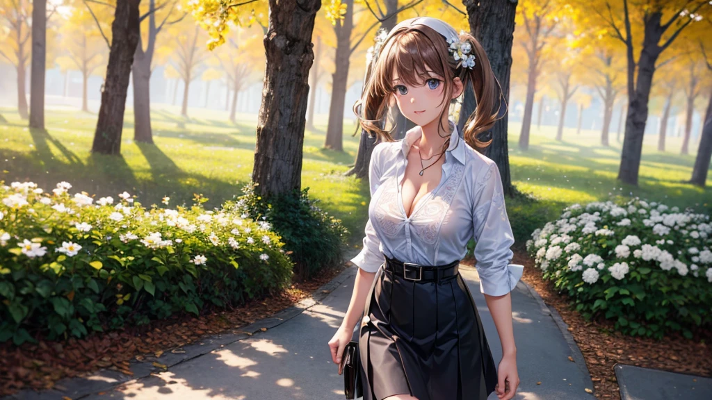 1girl, full body, solo, summer, village, trees, sun, clouds, ((brown hair)), ponytail, large breasts, ((black blazer)), button down shirt, ((blue floral pattern shirt)), ((short sleeved shirt)), ((unbuttoned shirt)), unbuttoning buttons, cleavage 1:3, brown eyes, skirt, smile, looking at the viewer, standing, hair ribbon, golden necklate, shoulder bag