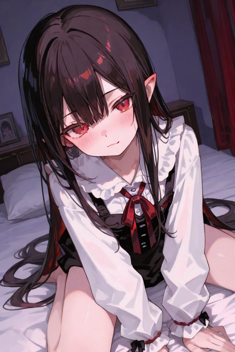 masterpiece, best quality, 1girl,black hair,red eyes,student, black pantyhose,pointy ears,domo wing,no shoes,bed,