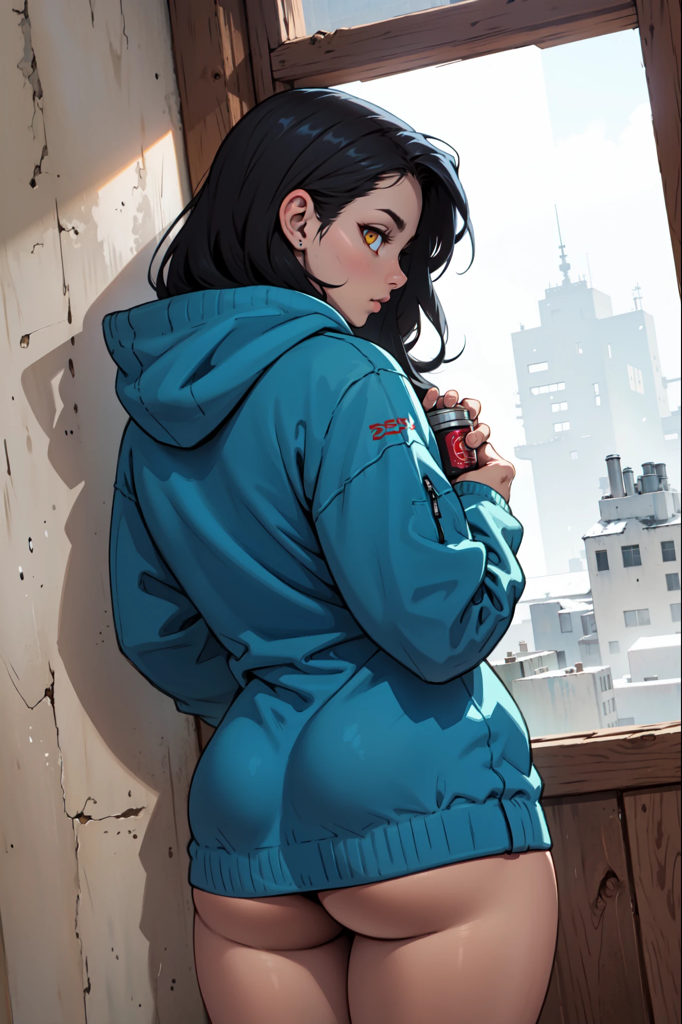 masterpiece, Highest quality, figure, Very detailed, Fine details, High resolution, 8K,wallpaper, Perfect dynamic composition,(Detailed high quality, Realistic depiction of eyes:1.3), Tattered clothes, (Slums), Collapsed room, Inside the barracks tent, Evacuation, He is wearing a tattered and dirty black hoodie.., Wear baggy pants, Dirty body, Tragic, (Disheveled long hair), Layered Cut, Black hair color, Big Natural Color Lip, Crying a little、Cold Stare, Harajuku Style、20-year-old girl、Cute type、Lolita, Idol Sculpture, Full body photo、Focus on the groin, Large swollen breasts, Very heavy chest、Moist Skin、Beautifully detailed face,、Black clothes、Black Bra。black eye、round face、Baby Face、Cigarette smoke、wide bob cut, 映画的な構figure、 A person sitting on the ground looking at the earth, Space Cowboys, Cyber-Space Cowboys, Josan Gonzalezにインスピレーションを得た, makoto shinkai ( Apex Legends ), Akira art style, ross tran style, Akira Vibes, Akira art style, Floating next to the planet, Josan Gonzalez, Science Fiction Art!!!!!!!, Josan Gonzalez!!!, In space, Modern Sci-Fi Anime