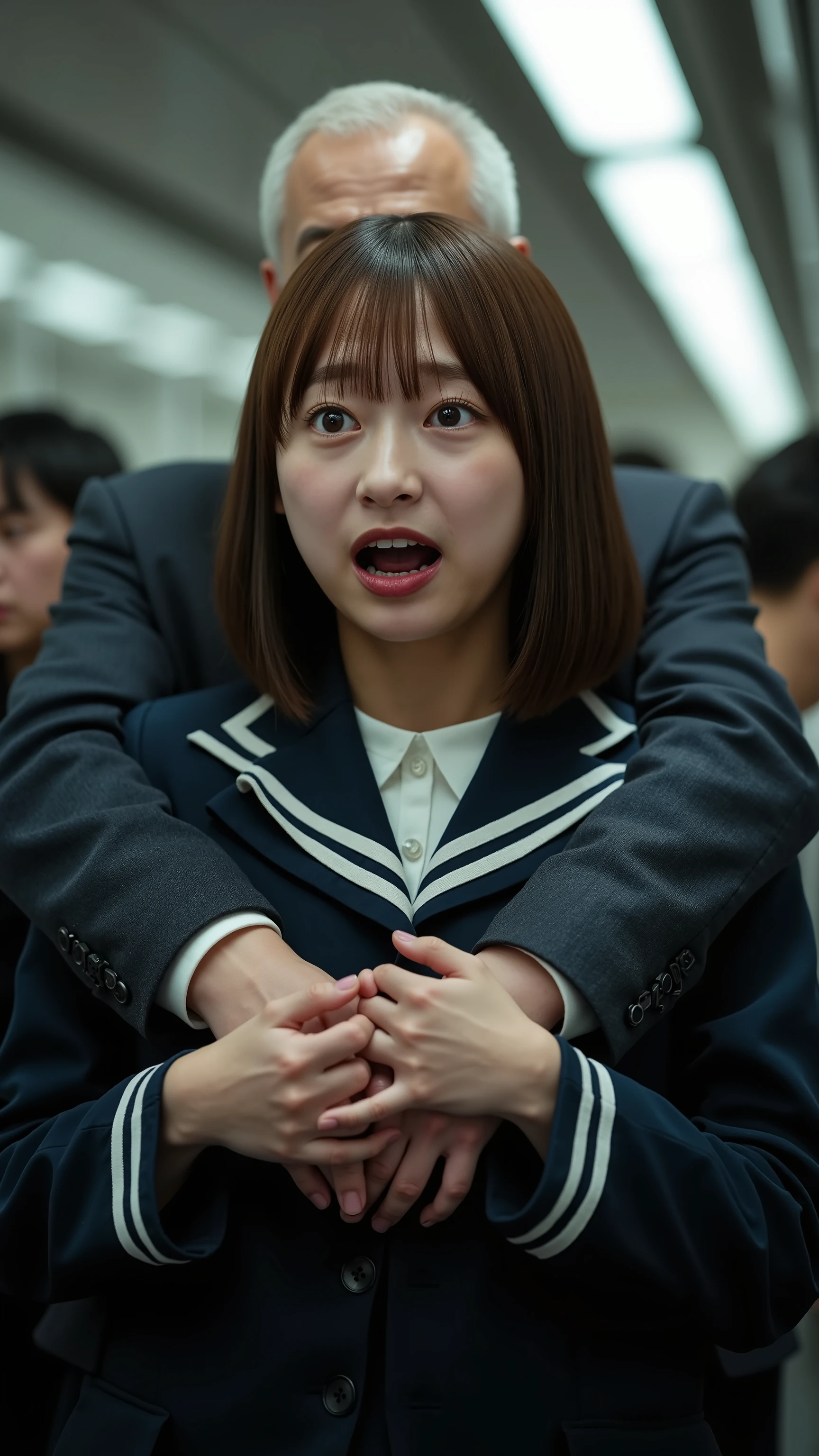 A high resolution photograph of a young beautiful Japanese woman being molested wearing a school uniform standing inside a crowded train car.
She has petite body, shoulder-length brown hair and pale skin.
(A old man holds her from behind and grabs her breasts with both hands. The man's face is invisible:2.99).
She's shouting and screaming in sexual behavior. Her eyes are wide open and her mouth is wide open.
She looks surprised expression, crying, frustrated, frowning, panting, gasping face. The focus is on her face.
It depicts detailed face, detailed eyes, sophisticated nose, carved face, greek nose, narrow nostrils.
The amazing quality, extreme details, intricate details, sharp focus, rich contrast and realistic use of professional lighting techniques make this photograph a masterpiece.