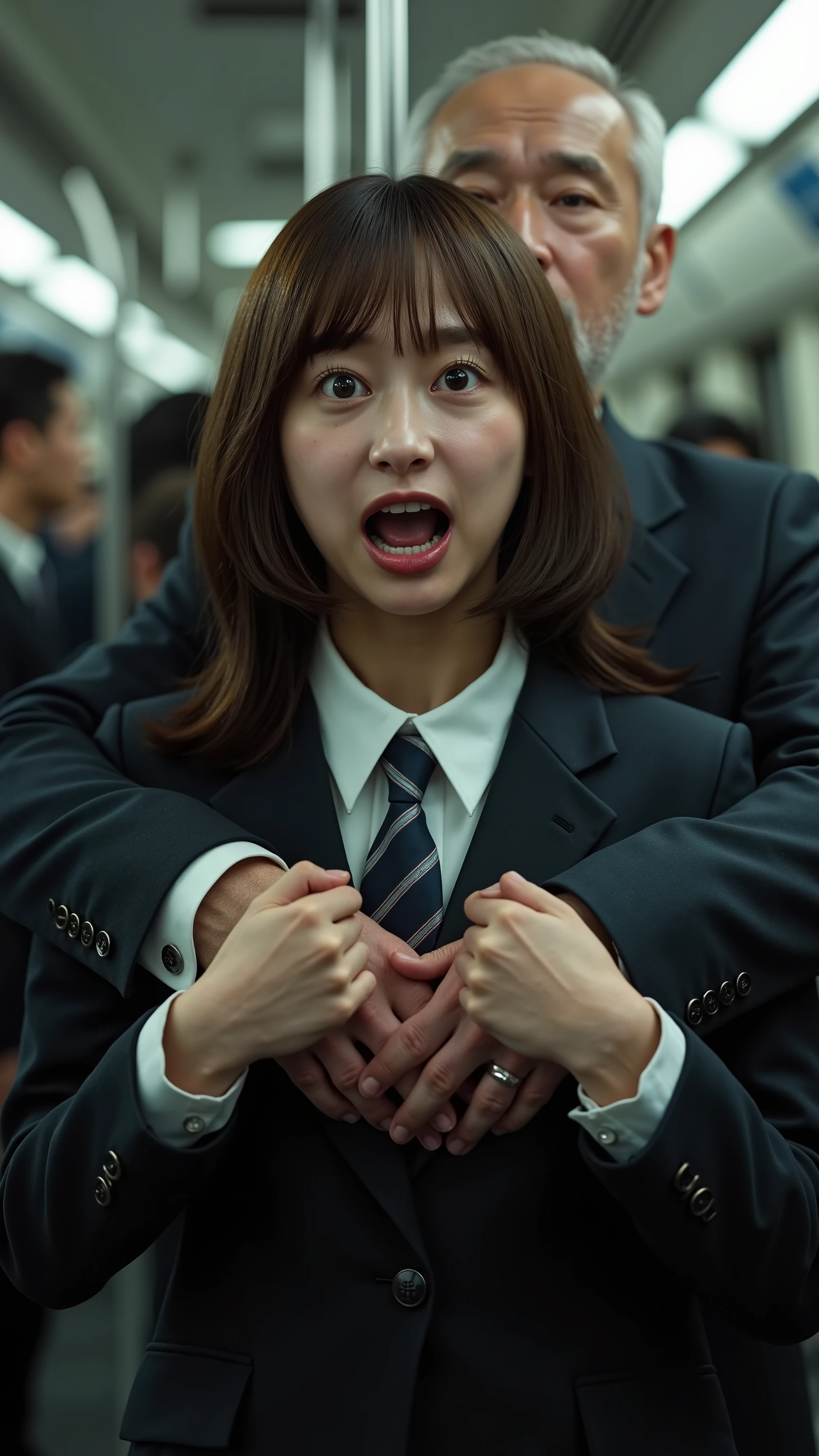 A high resolution photograph of a young beautiful Japanese woman being molested wearing a school uniform standing inside a crowded train car.
She has petite body, shoulder-length brown hair and pale skin.
(A old man holds her from behind and grabs her breasts with both hands. The man's face is invisible:2.99).
She's shouting and screaming in sexual behavior. Her eyes are wide open and her mouth is wide open.
She looks surprised expression, crying, frustrated, frowning, panting, gasping face. The focus is on her face.
It depicts detailed face, detailed eyes, sophisticated nose, carved face, greek nose, narrow nostrils.
The amazing quality, extreme details, intricate details, sharp focus, rich contrast and realistic use of professional lighting techniques make this photograph a masterpiece.