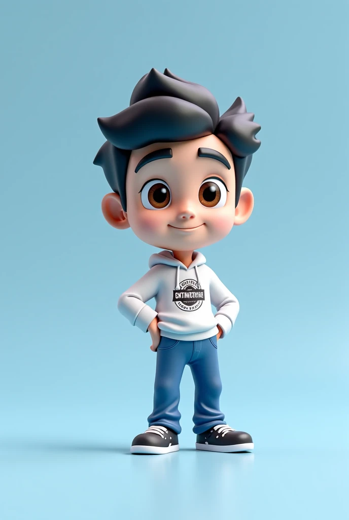 Realistic 3d caricature. whole body, big head. A 25 year old Indonesian youth. tall, slightly thin body, oval face shape. oval chin, handsome, slightly round eyes, white skin, faint smile. wearing a newsboy hat. wearing a worn jean jacket. Body position is clearly visible. Light blue background. Use soft photography lighting with hair lights, edge lights, and top lights. Photos with very high detail.