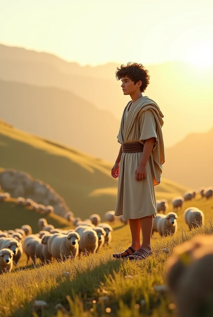 ((best quality)), ((masterpiece)), (detailed), perfect face
"A young shepherd boy, Davi, standing in a vast green field in Bethlehem, surrounded by sheep. He is holding a wooden staff and looking thoughtfully at the horizon. The scene is peaceful, with soft sunlight casting a warm glow over the landscape."