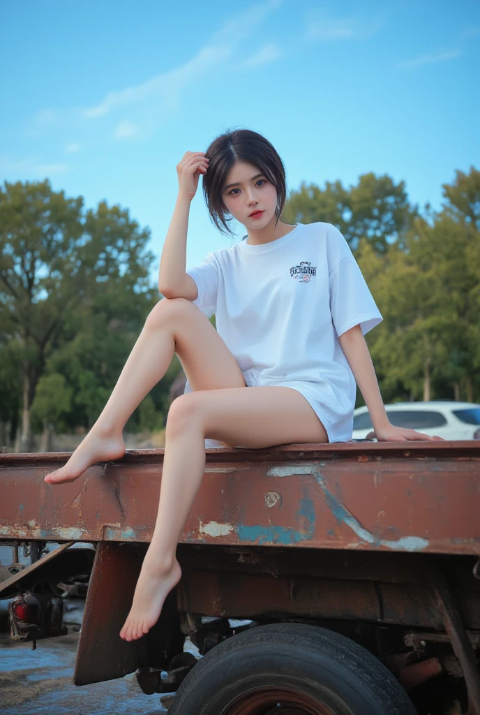 best quality, 8k, highly detailed face and skin texture, high resolution, cute long hair japanese girl in white t-shirt and short jeans stand at park, full body, sharp focus