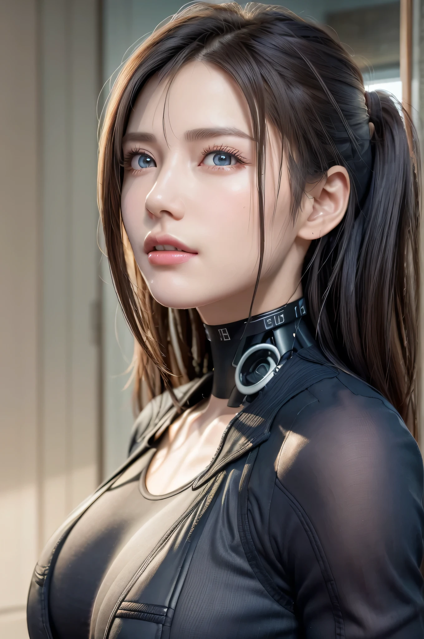 ((best quality)), photorealistic, photorealism, Photorealistic, high resolution, Beautiful, Baby Face, 20 Years Old, White Skin, pale skin, Large Breasts, huge breast, ((detailed breast)), ((sexy breast)), Combat pose, looking at the camera, (Detailed face), short hair, sexy body, (wearing black rubber suit, high-tech headset), cloths color based on black), Fingers are occluded, (detailed fingers), concrete wall background,