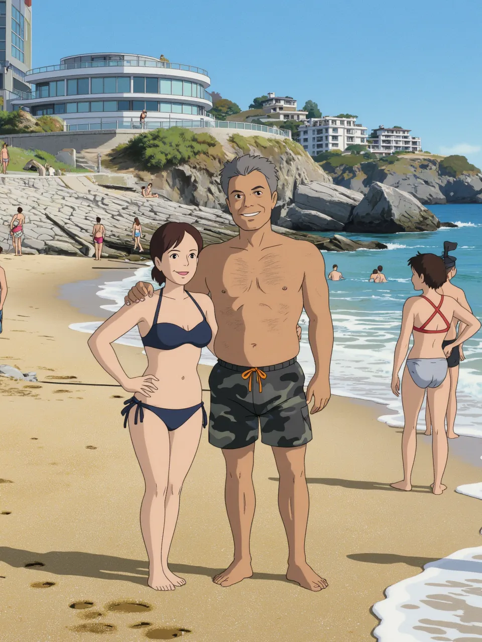 old lady, ugly and somewhat obese girl tasting partially muscular 1 student boy from afar while he is on the beach wearing a thong (anime style)