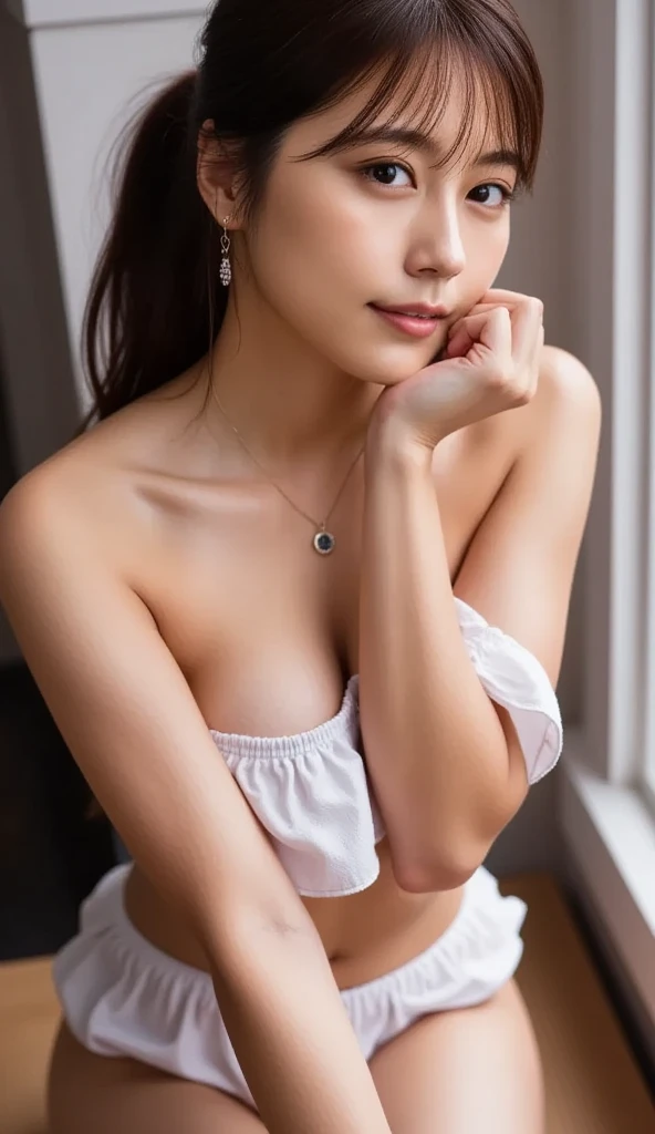 最high quality, 8K, masterpiece: 1.3, Ultra HD, high quality, 最high quality, High resolution, realism)) 、slender、slenderだがアスリートのような細マッチョ、small breasts、Wear accessories on your wrist、Wearing red nail polish、I have a peticure、aerial perspective((atmospheric perspective))、smile((smiley))、background blur((depth of field)、Wear a sheer, one-shoulder top、、bedroom background、crystal earrings((crystal earrings))、Vertical roll on one side((side drill))、Hair behind ears((hair behind ear))、white woman、brunette、blue eyes、hair band((hair ribbon))