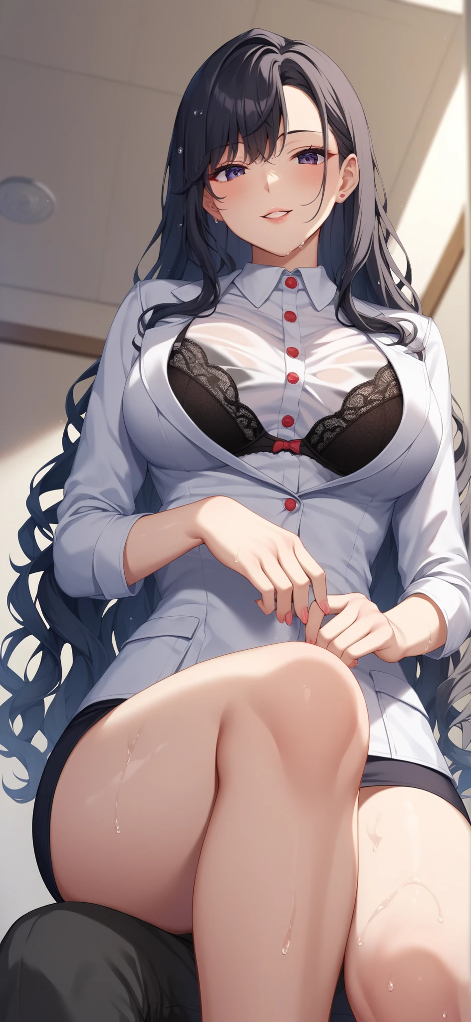 girl with long black hair, green eyes, soft lips, incredibly beautiful, innocent, round white frame glasses, super big breasts, giant breasts, beautiful body, tall, slim, thin white shirt covers half of her chest, pink mini dress, no underwear, bedroom.