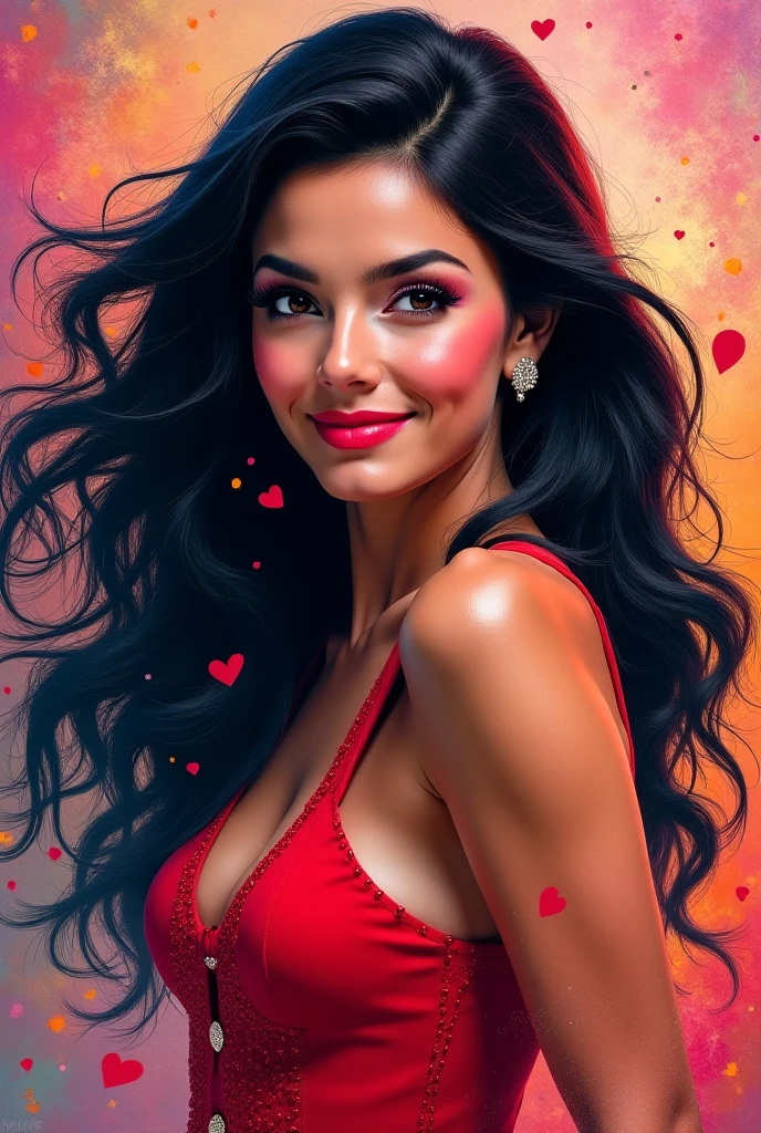 19 years old innocent cute woman with (hearts flying around her) expressing the love she has, so happy, swirling hearts,  trails, Mauritian, black long hair, sparkling eyes,  eyesore, gil elvgren, roberto ferri, sachin teng, james jean
