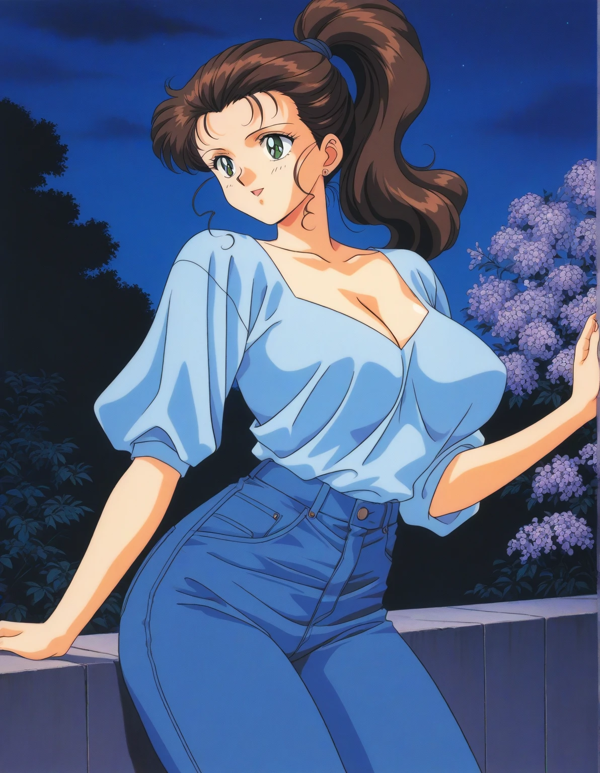 (ElieRM), girl,masterpiece, high quality,large breast, solo,  smile, brown hair, closed eyes, jewelry, day, atlhetic slim body, sexy body, blue shorts jeans, belly, neckline, highlighted contours,  1990s (style), 1980s (style), retro style, 