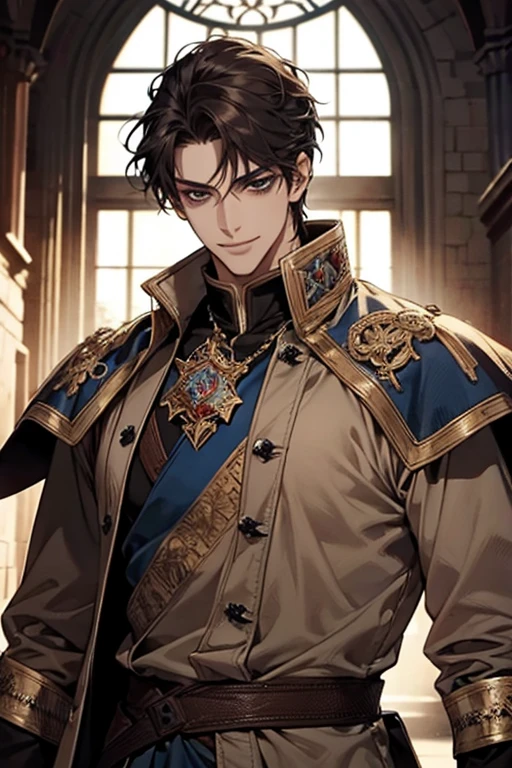 ((muste piece)), ((best quality)), ((brown skin)), ((dark blue eyes)), ((Dark blue hair))、handsome man , ((very very short hair、No bangs、Forehead、all back)), masculine、tall、sexy、Adult man、((Three white eyes))、handsome man、tough face、firmly、muscular、broad shoulders、wildな笑み、wild、とてもwild、Angle from top、
