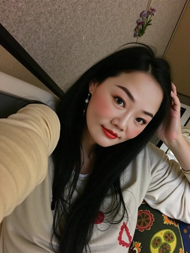 Draw lips correctly, red lipstick, from chest up, best quality, Super detailed, lifelike, Super fine skin, perfect anatomy, (1 日本Mature的女人), (alone),Wear a round neck dress,long sleeves,wavy long hair,37-year-old female,Mature,charming smile,indoor background,stand,Slightly fat,medium chest,full-body shot。