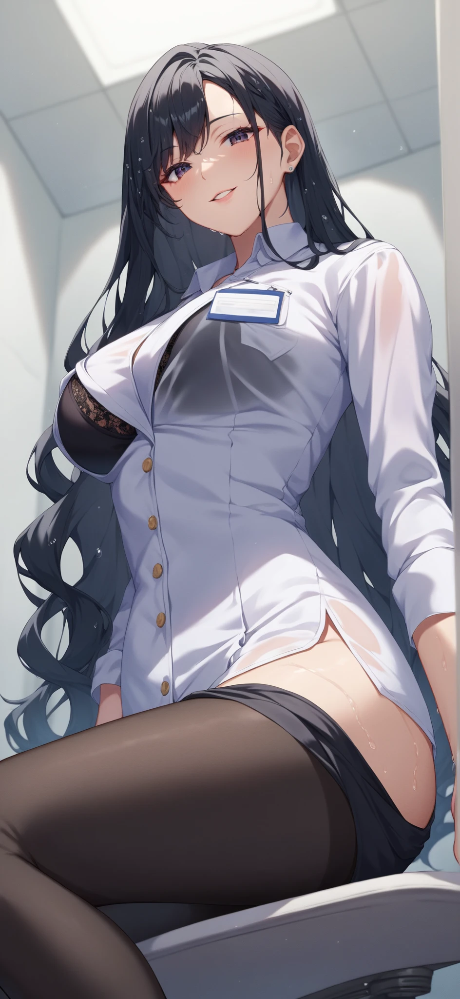 (8K、Highest image quality、highest quality、masterpiece)、detailed face、1 girl、black hair、long hair、gray eyes、evil smile、((grin))、big breasts、((black bra))、((lab coat))、((Naked lower body))、、((pussy))、((pubic hair))、cowboy shot、((hospital room background))、((nsfw))