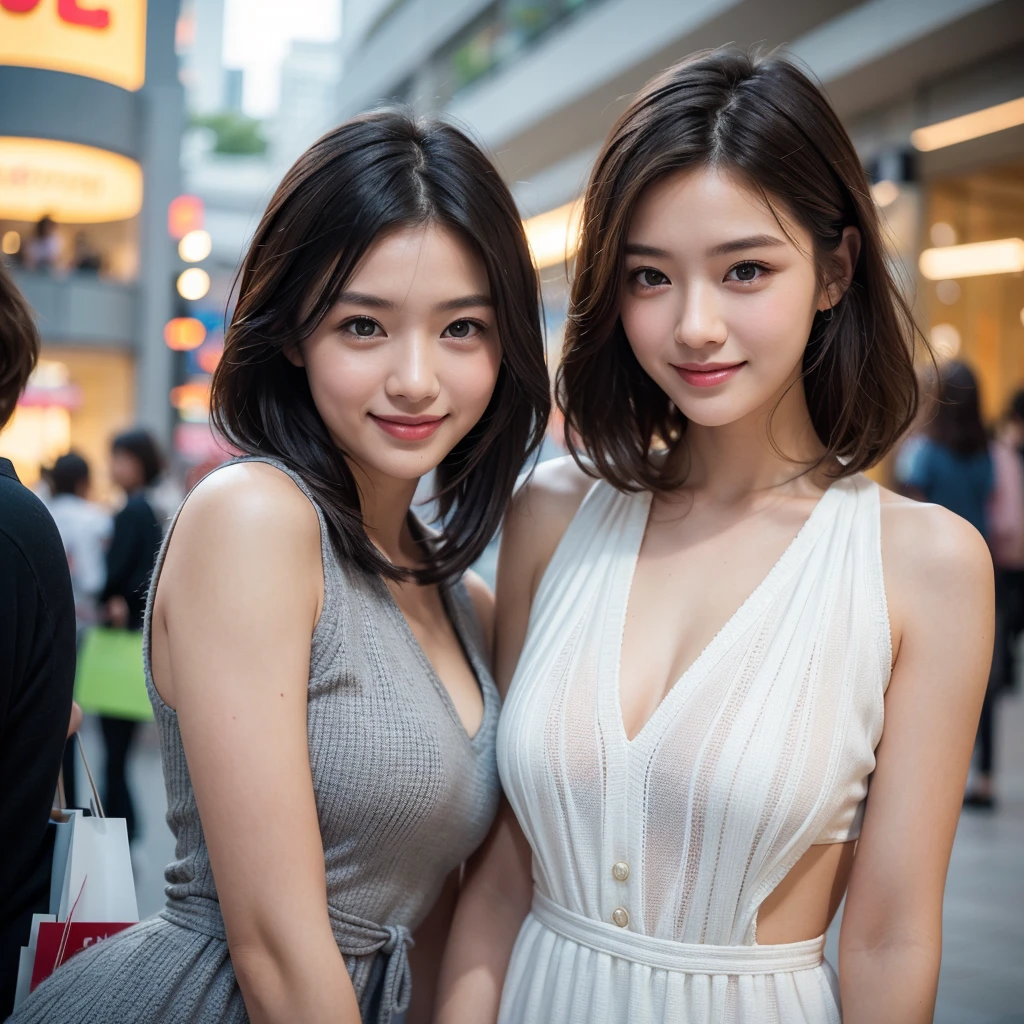 masutepiece, Best Quality, Illustration, Ultra-detailed, finely detail, hight resolution, 8K Wallpaper, Perfect dynamic composition, Beautiful detailed eyes, doress, mid-chest, Natural Color Lip, Random and sexy poses,Smile,Aoyama Street Walk、20 years girl、bobhair,Short hairstyle