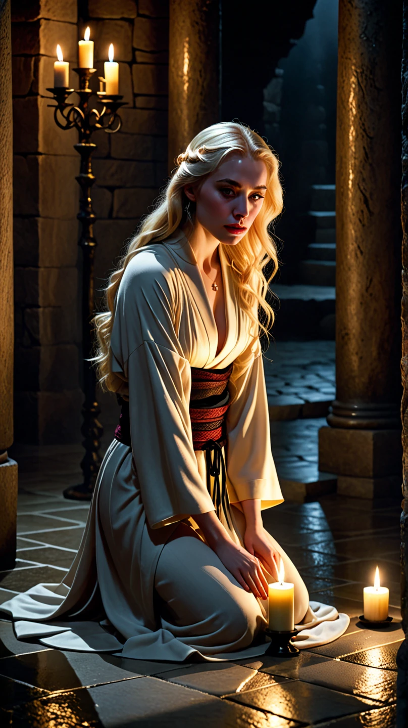 Adult full-body photo of Daenerys Targaryen, highly detailed, inside old tunnel, with old lanterns, low light, flashlight only, high resolution,hd