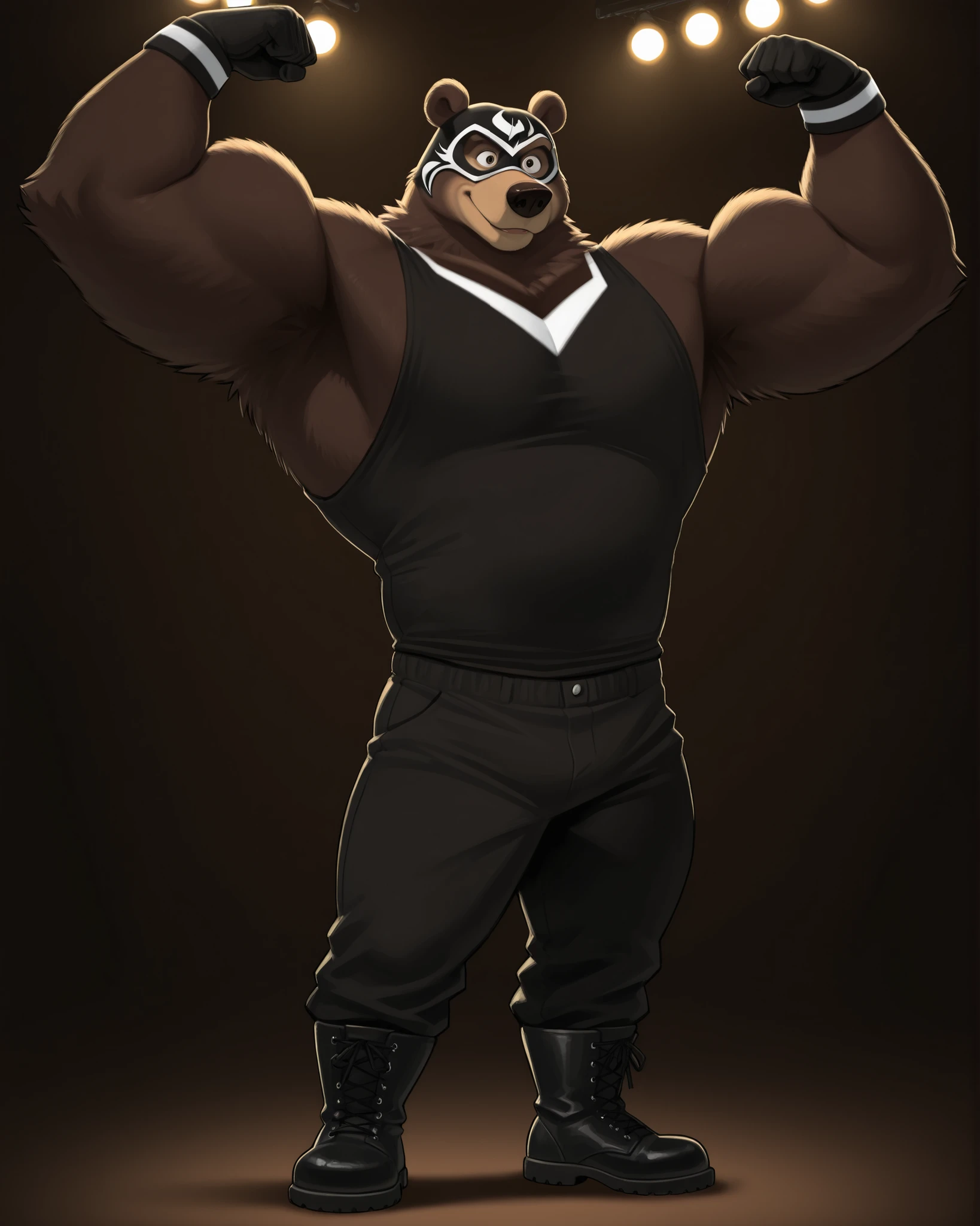 score_9, score_8_up, score_7_up, cartoon_style, ((by BodiPhantom)), 4k, 8k, The best quality, very well drawn, detailed, high quality, detailed, 4k, high resolution, high quality, high resolution, furry character, ursine, BodiPhantom, Himalayan bear, bear, boots, boy, posing, (sexy), thick arms, huge arms, 5ft, 390lbs, (dark brown fur)), simple background, lights, seething, standing, black pants, black tank top, gloves, wristband, black and white luchador mask with ears sticking out,