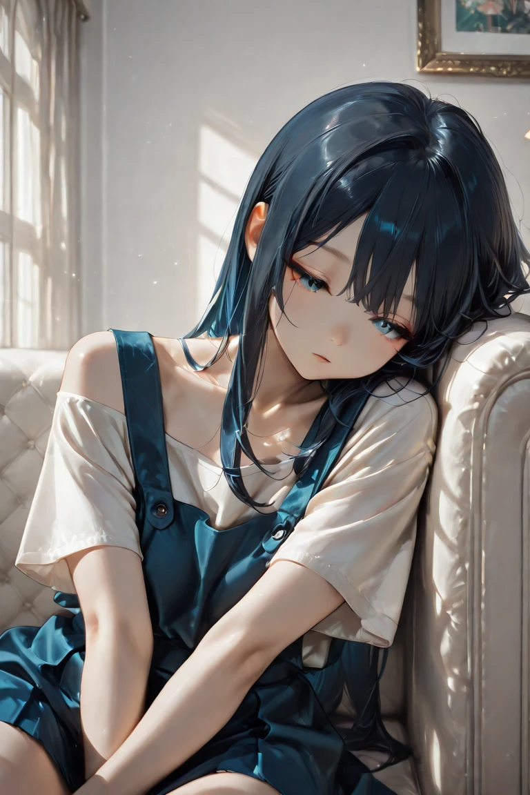 scene:0.9, (masterpiece), (((ultra detailed, 8k quality))), high quality, (a girl in an oversized black t-shirt, sitting on couch), (long black hair, side bangull body:0.7), ((torso)), perfect fingers, wide shot:0.7, from above, expressive sapphire blue eyes, (looking at viewer with pleading eyes, black hair, side bang, expressive blue eyes:0.7, (depth perception:0.7, black background, blurry background), 25 years old, (distanced), ((tears in eyes))