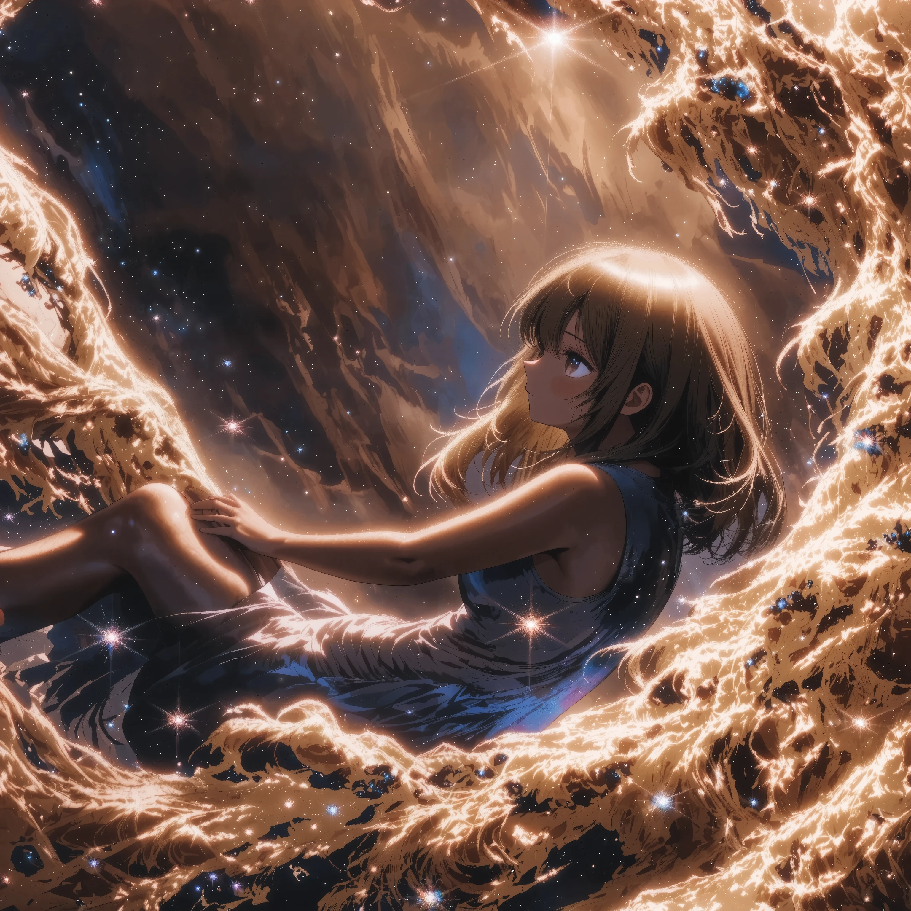 girl staring at the galaxy +goddess +Dark Matter Swordsman +What breaks the laws of physics +textured brown skin +[[Toned Arms、solo、beautiful shining cosmic microwave background radiation、(kogyaru)+Crazy Expression