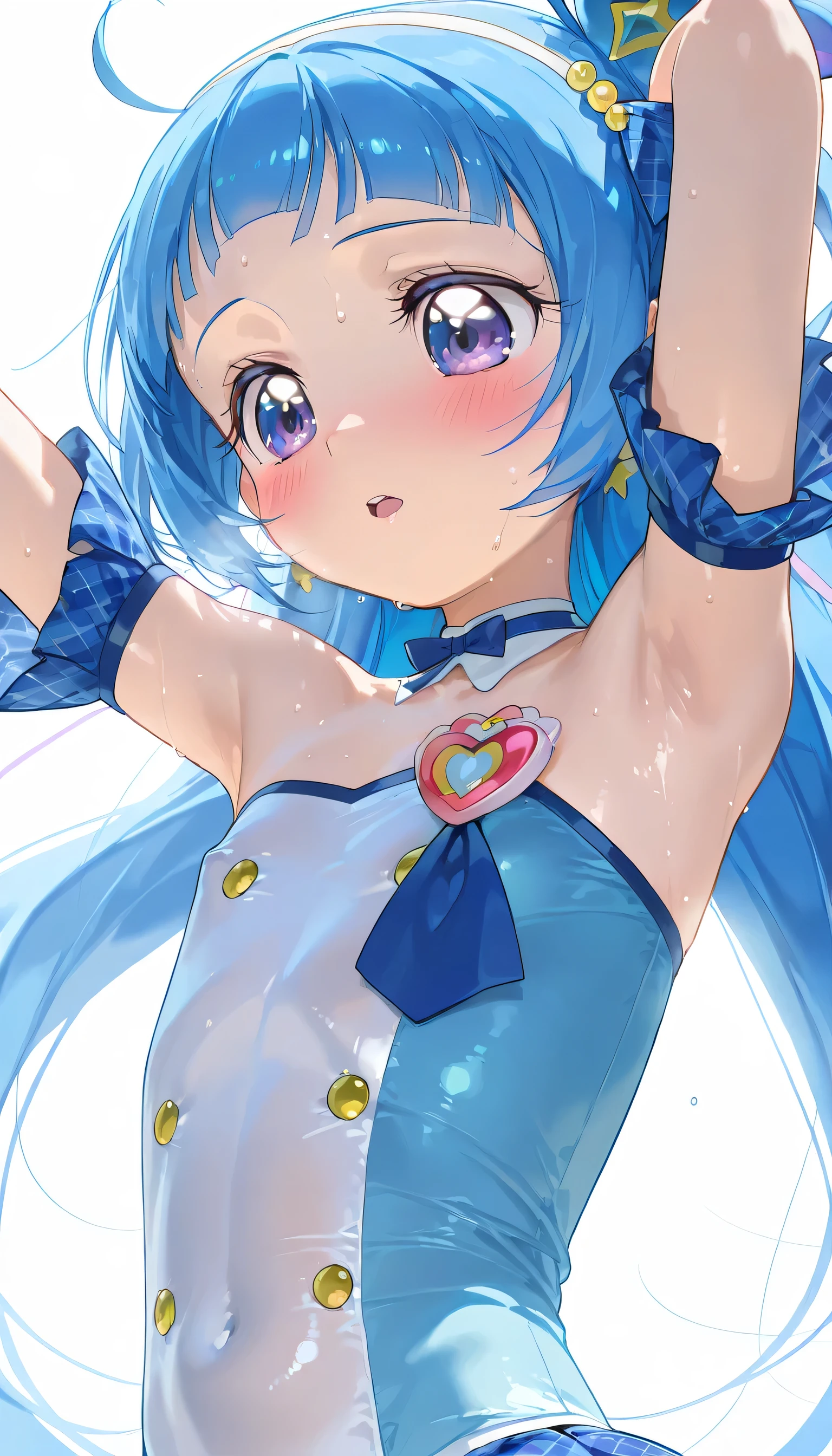 (masterpiece, finely detailed beautiful eyes: 1.2), ultra-detailed, ultra high res, professional lighting, high quality makeup, beautiful detailed eyes, Extremely cute, (extremely detailed beautiful face), (Authentic skin texture:1.4), very aesthetic, latest, scenery (delicate), Volumetric Lighting,  depth of coverage, shiny skin, (dynamic angle for women, front view), (light blue one-piece type frilled idol costume, cure wink, kimi to idol precure:1.2), (1 ultra super extremely cute lower elementary school student girl), (flat chest:1.1), (, petite body, small stature, ish, toddler), (aged down:1.4), drooping eyes, (blush:1.3), (sweat:1.1), (shy), open mouth, (slender body, slender stomach:1.1), long volume hair, erect nipples, armpit focus#(sexual aroused face focus), (upper body focus:1.1)