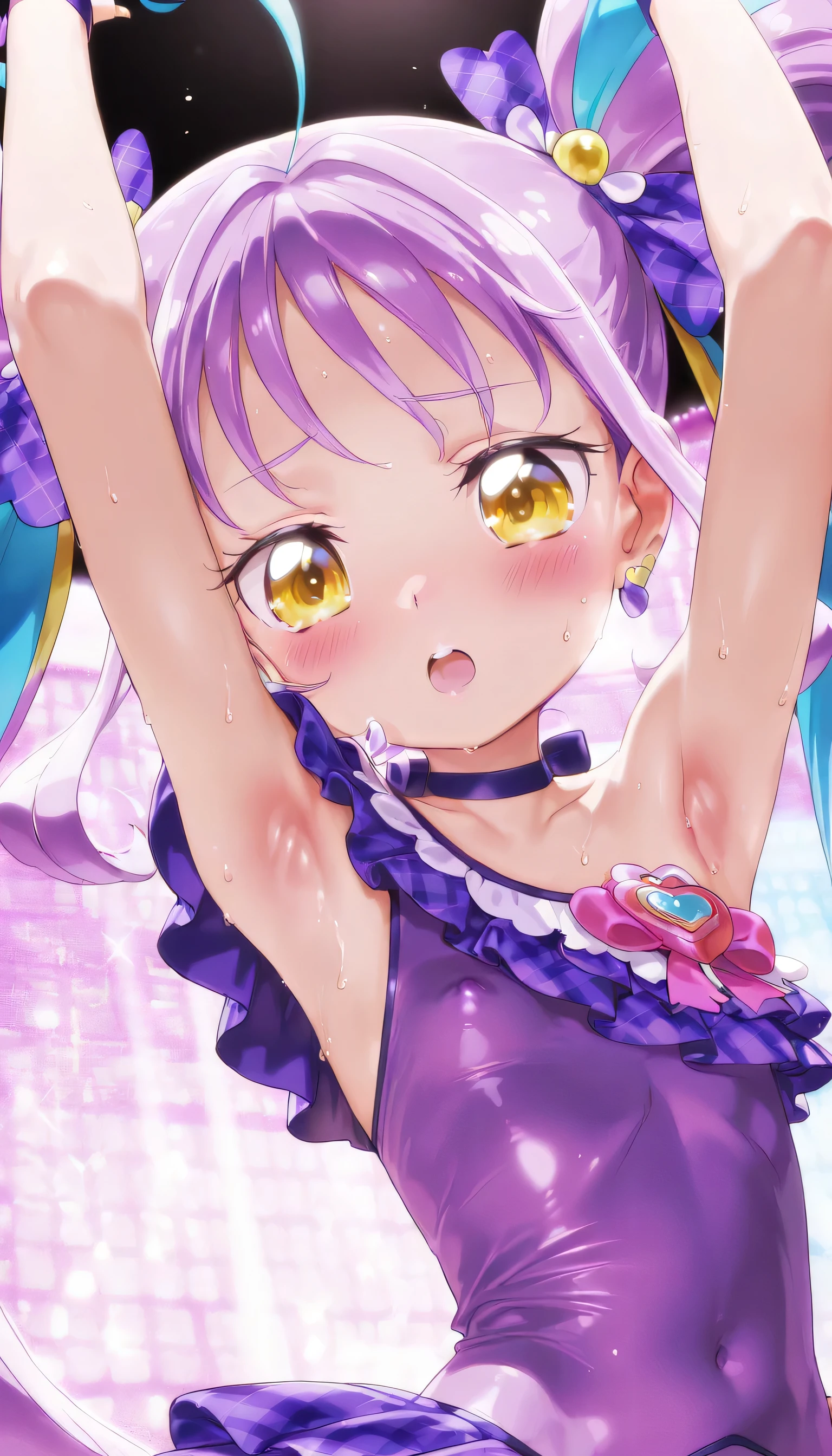 (masterpiece, finely detailed beautiful eyes: 1.2), ultra-detailed, ultra high res, professional lighting, high quality makeup, beautiful detailed eyes, Extremely cute, (extremely detailed beautiful face), (Authentic skin texture:1.4), very aesthetic, latest, scenery (delicate), Volumetric Lighting, depth of coverage, shiny skin, (dynamic angle for women, front view), (purple idol frilled one-piece type costume:1.4), (cure kyunkyun, kimi to idol precure:1.3), (1 ultra super extremely cute lower elementary school student girl:1.1), (flat chest:1.1), (, petite body, small stature, toddler:1.4), (aged down:1.4), drooping eyes, (blush:1.3), (sweat:1.1), (shy), open mouth, (slender body, slender stomach:1.1), long volume hair, armpit focus, erect nipples, (sexual aroused face focus), (upper body focus:1.2)