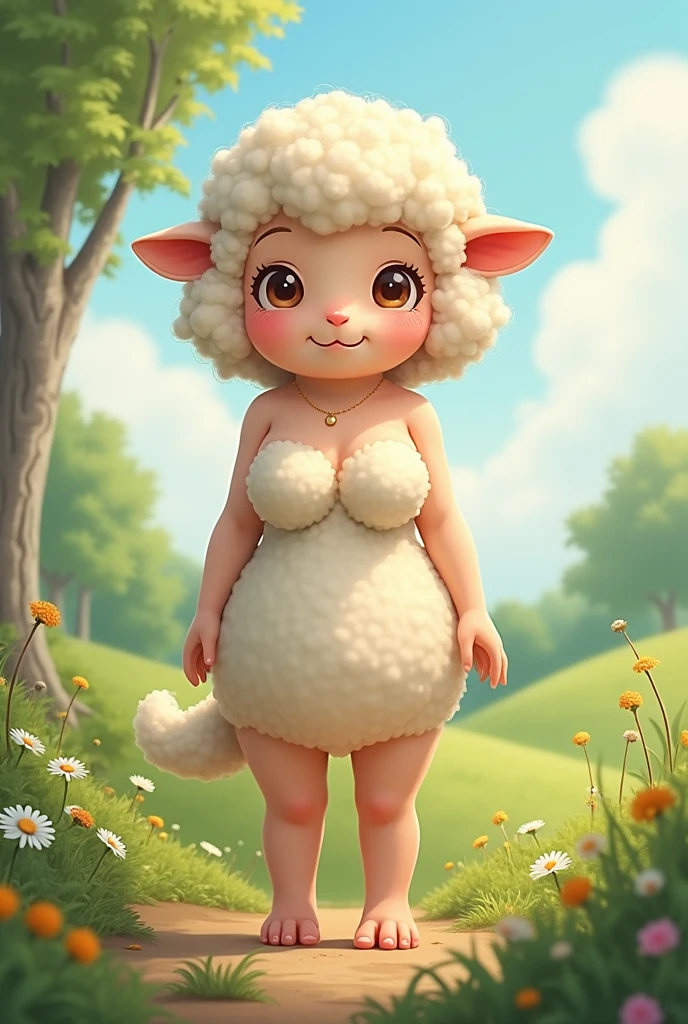 (((anthro))), (((clothed))), cute (((white))) (((anthro))) furry sheep girl, (((white wool))), (((white fur))), (((white hair))), green eyes, medium breasts (((covered))), thick square glasses, short (((deep blue))) boho dress with white lace trim, walking in a field of flowers, smiling, best quality, solo focus, female focus, cartoon