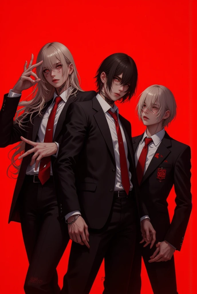Anime characters on a red background, Official Fan Art, Ace Attorney Style, Official Art, Akihiko Inoue and Ross Tran, Danganronpa digital art, Zero-chan art, High quality fan art, Vampire White Fox, Pixiv, Detailed fan art, 2b ..., 2b, Zero-chan, Okada Yoneyama, The devil may cry