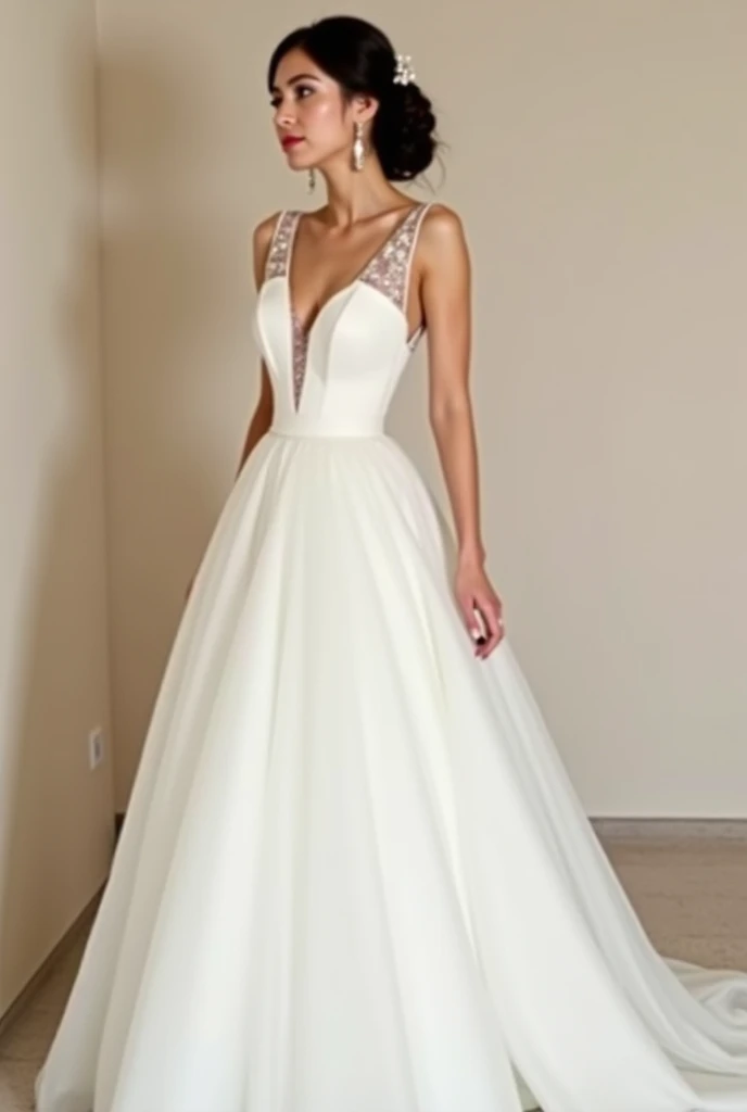full-length ,dress with a long, puffy skirt, fitted bodice, and crystal embellishments. A combination of velvet and satin fabrics with white details.