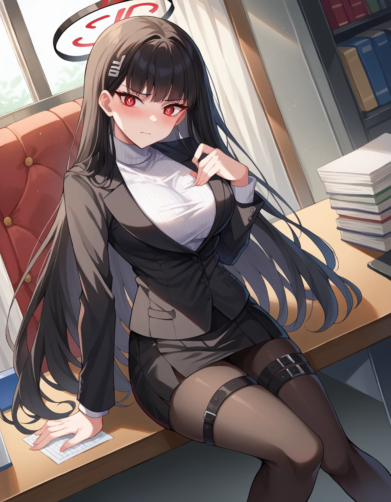Sitting on chair of local Hich heels store, full body, Anime styles female holding pair of hich heels, black skirt, pink Hich heels, black hair, Long Hair, career woman, black jacket, dark pantyhose white shirt,red eyes ,angry (full body)