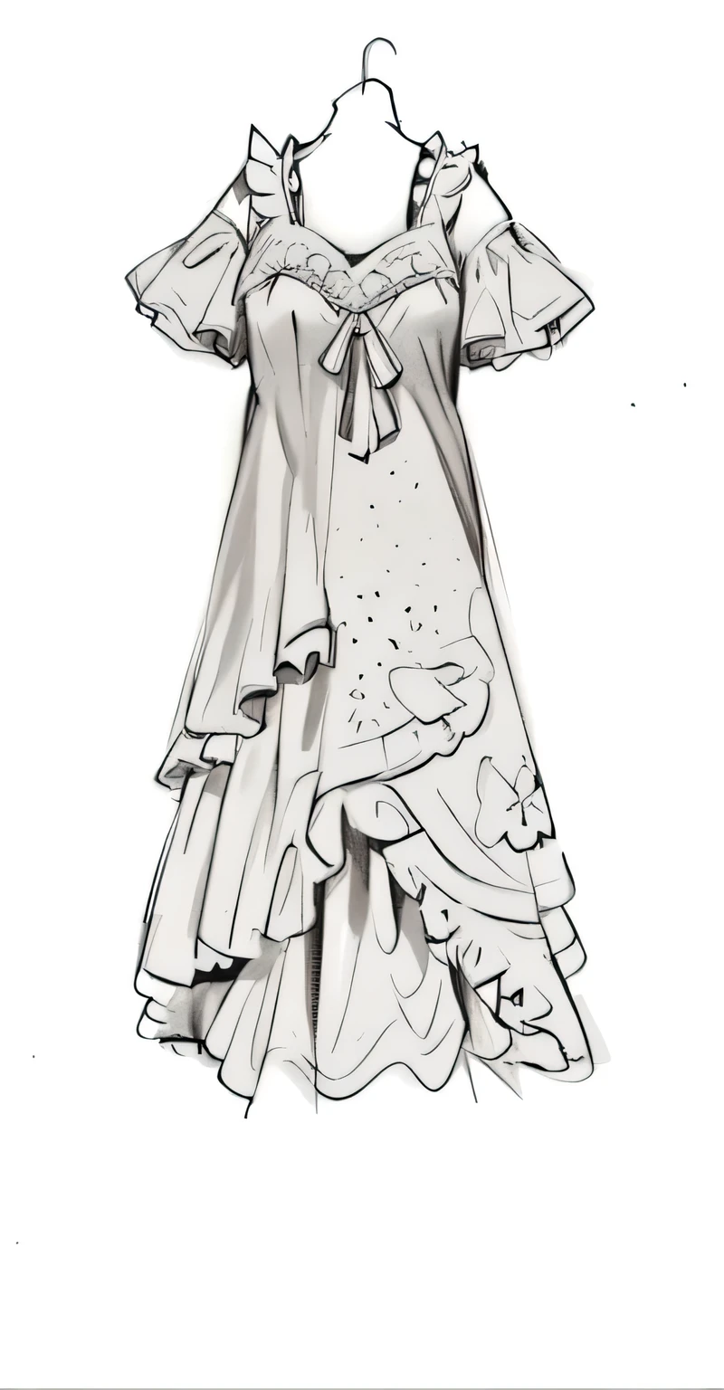Conceptual Design Draft，Fashion Week Outfit Design，Line Draft Blueprint，Multiple perspectives（front、side、back side），full body，sharp lines，clear details，Detailed Costume Design，Very delicate and rich clothing design，Daily Wear，Costume and Fabric Details，Detailed Design， The neckline and sleeves have exquisite ruffle details. The dress is made in light colors, Lightweight fabric, shows a subtle gathering，creates a gentle, The smooth silhouette. The overall composition of this dress, adds a playful and elegant touch. The dress is made in a solid color, white background, Show off，look well-lit, The shade gently highlights its texture and shape. highlights the romantic composition of this dress whimsical design.