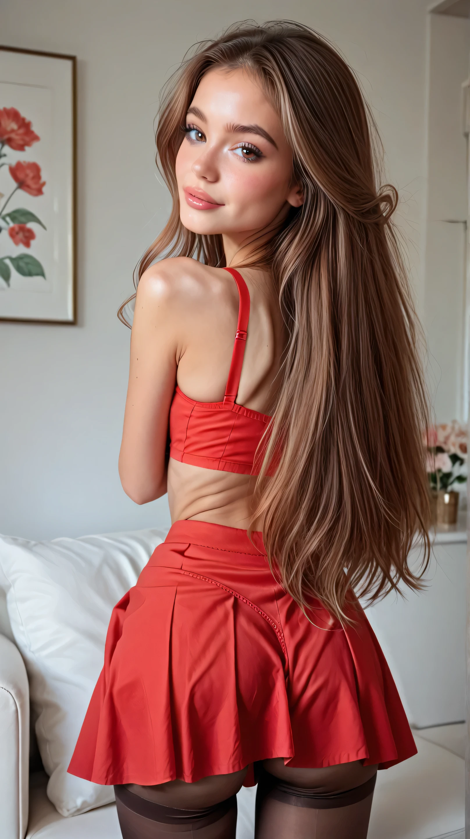 18 years old girl with very long straight brown hair realistic face pretty and cute face, is staying in her apartment fills down, we see her regular panties red under transparent tights red and under her red skirt from behind