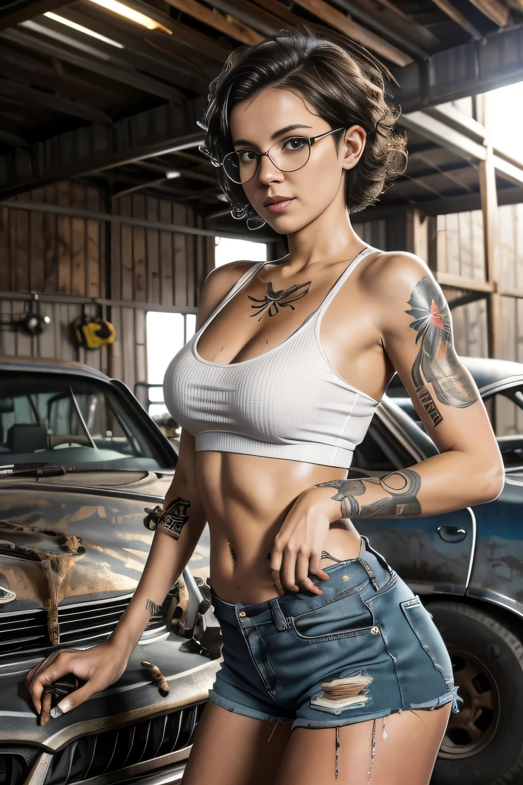 19yo woman, very short hair, hourglass figure, athletic build, smile, cleavage, (full arm tattoo:1.2), white tight tank top, short denim shorts, mechanic, (bent over working on a car engine:1.3), (wrenches), (tools), (dirty), (grease stains), (vintage garage)