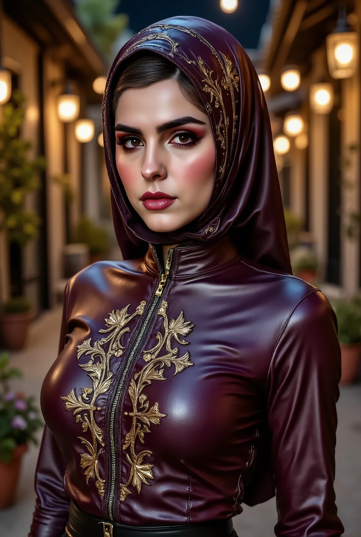 Crocodile pattern blousegorgeous woman, professional, (4k photo) by (Jeremy Lipking:0.3), (Dittmann Anna:0.3), (Arian Mark:0.3), (Sharp focus:1.3), (beautiful woman:1.3), wearing (leather hijab, leather abaya with intricate gold details:1.2), perfect make-up, striking, mesmerizing eyes, beautiful detailed face, standing in an arabian medieval marketplace