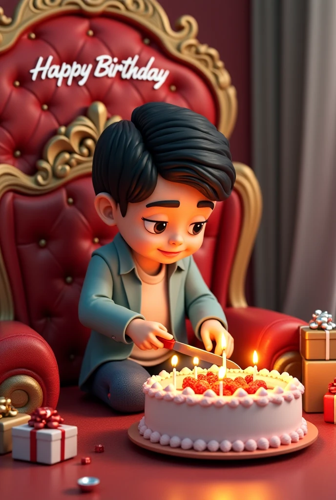 Create realistic illusion image of a baby girl is sitting on a king chair and she is cutting the birthday cake, there are many gifts kept next to it and Happy Birthday Lamon, 3d text is written on the back wall