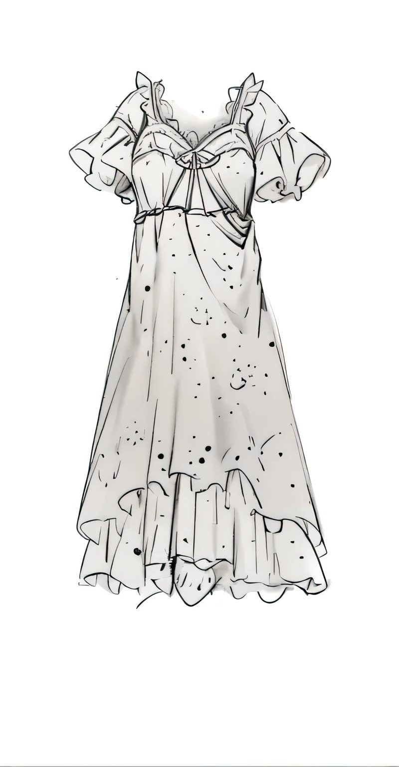 Conceptual Design Draft，Fashion Week Outfit Design，Line Draft Blueprint，Multiple perspectives（front、side、back side），full body，sharp lines，clear details，Detailed Costume Design，Very delicate and rich clothing design，Daily Wear，Costume and Fabric Details，Detailed Design， The neckline and sleeves have exquisite ruffle details. The dress is made in light colors, Lightweight fabric, shows a subtle gathering，creates a gentle, The smooth silhouette. The overall composition of this dress, adds a playful and elegant touch. The dress is made in a solid color, white background, Show off，look well-lit, The shade gently highlights its texture and shape. highlights the romantic composition of this dress whimsical design.