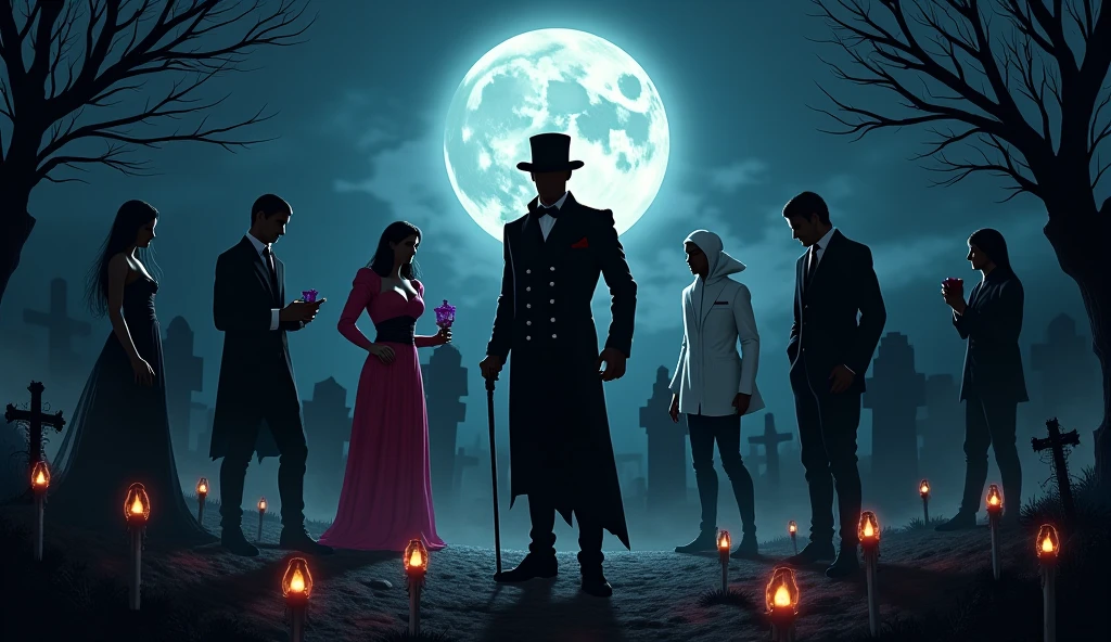 (((BARON SAMEDI))) best quality, ultra-high resolution, 4K detailed CG, masterpiece, man,skull face, formal wear, top hat, voodoo mythology, ((standing pose)), African aesthetic, centered screen, night, cemetery background