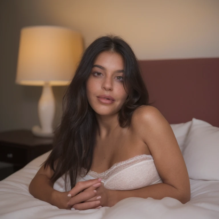 There is a beautiful Colombian woman lying on a bed with both hands on her face, posing in bed, with long hair, 18 years, girl with long hair, posing in a bedroom, 2 4 year old female model, in my bed, beautiful colombian girl, 1 8 son, sitting on her bed, sitting in bed, good young girl