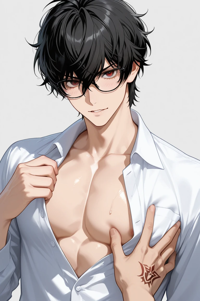 1 guy, black jeans, the black sweater is slightly raised and the abs are visible, Thin, pale, rings on fingers, black nails, Glasses, black hair, a little sporty, hand to chest, Glass eyes, Malice, anger, portrait, cinematic lighting, Blur background, Best quality, night city, Dark tones, Wet, Brown eyes, grinning, lying on the sofa, in headphones, many veins on the body,