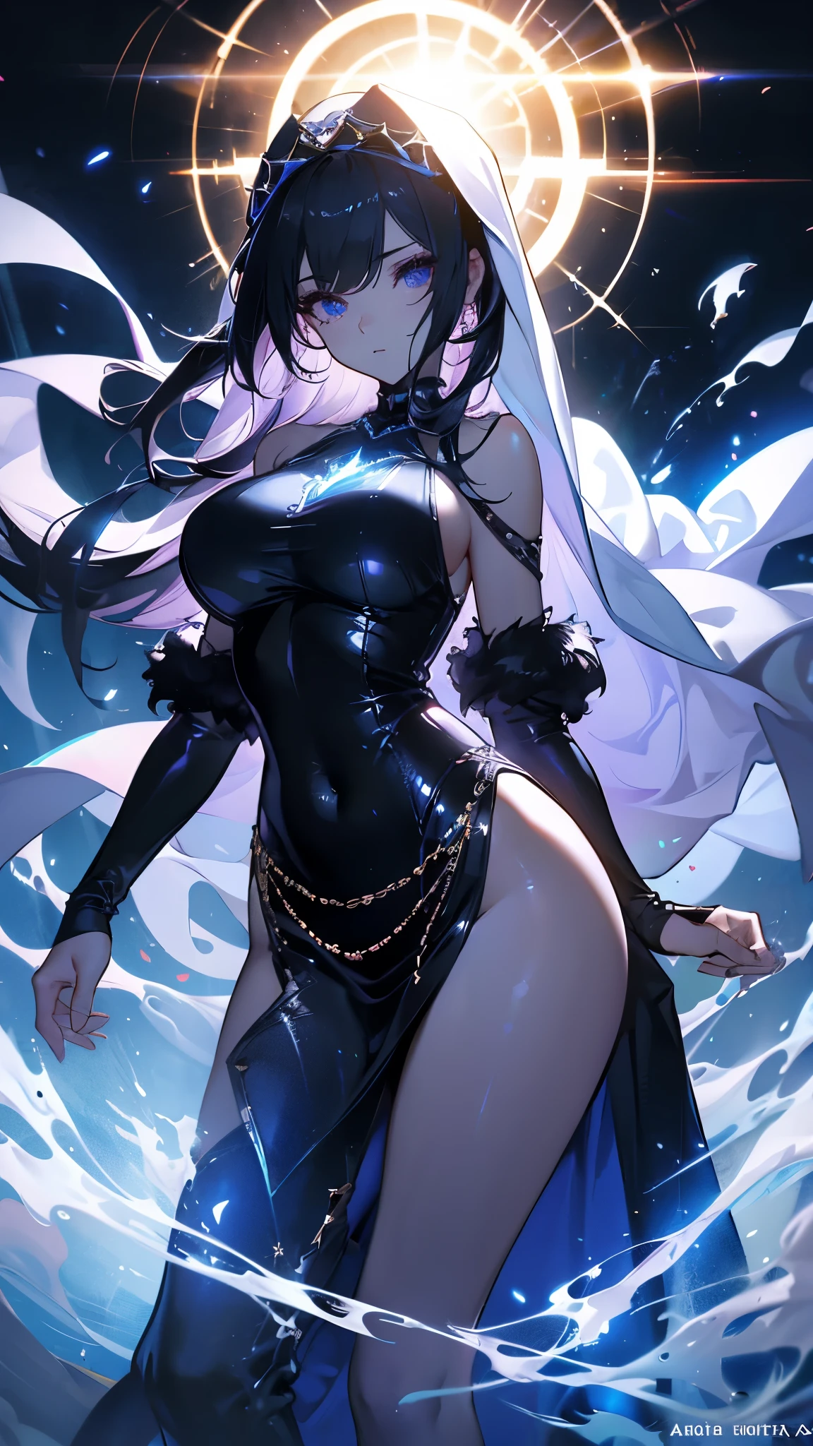 anatomically correct, best quality, masterpiece, high quality, high details, highres, HD, (shaded face:1.2), hollow eyes, purple eyes, looking at viewer, heavy breathing, smirk, upper teeth, purple hair, long hair, huge breast, sagging breasts, a woman that is standing in the water, concept art by Krenz Cushart, pixiv, fantasy art, cushart krenz key art feminine, best anime 4k konachan wallpaper,