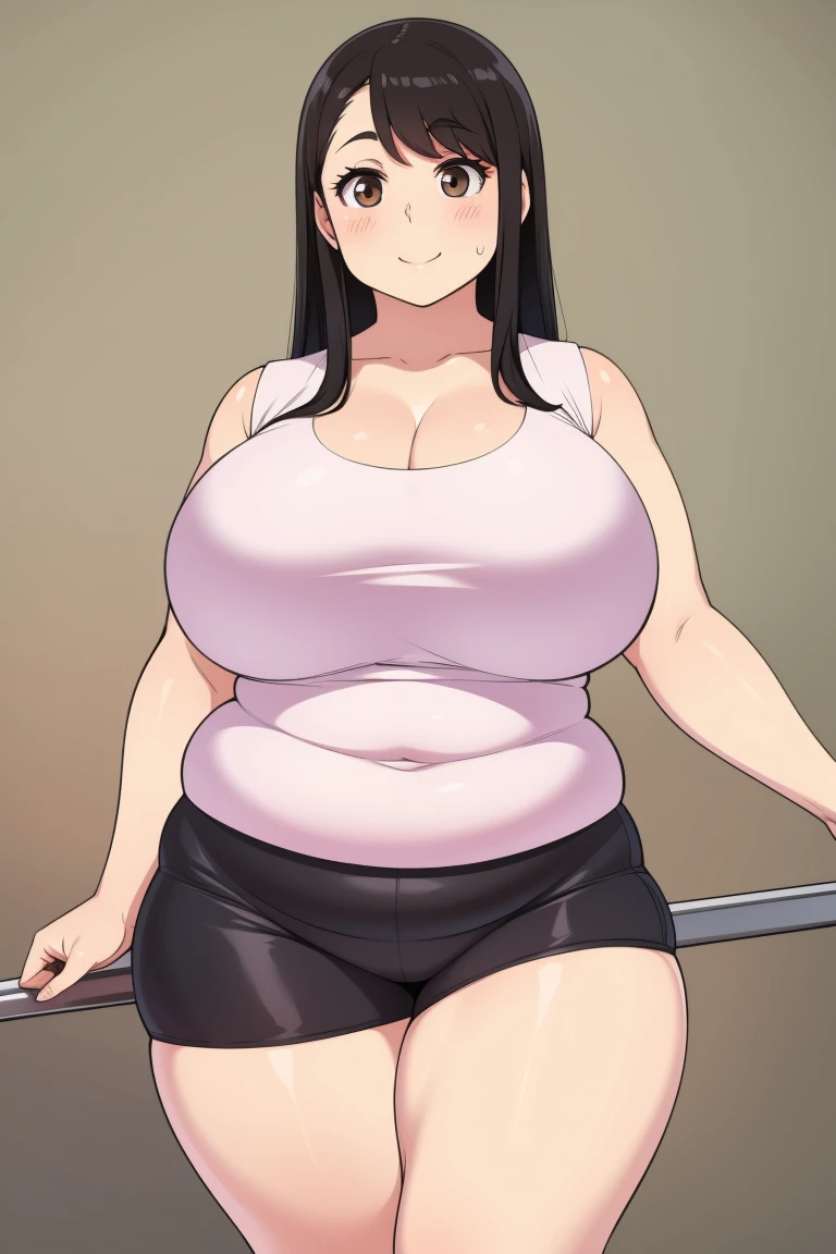 ((high res)), (Masterpiece), perfect anatomy, perfect shading, field of depth, (best quality), extremely delicate and beautiful, perfect lighting, detailed face, ultra cute face, cute, (cowboy shot 1.2), looking at viewer, full body, ((1girl)), ((solo)),

long hair, pony tail, black hair, green eyes, (((blush))), embarrassed, sweating, out of breath, (sports bra 1.2), (yoga pants1.2), extremely tight clothes, large breasts, cleavage, perky breasts, (wide hips), (((thick thighs))), (plump), chubby belly

coffee shop, intricate background, detailed background, standing, hand on hip, belly grab,