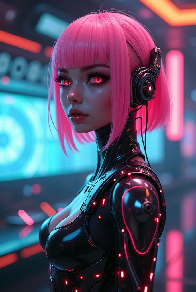 a cyberpunk girl, cyberpunk aesthetic, neon city, holographic interface, futuristic technology, intricate machinery, glowing panels, chrome accents, high-contrast lighting, moody color palette, dramatic shadows, detailed facial features, piercing eyes, strong jawline, sleek pink hairstyle, android implants, robotic limbs, advanced prosthetics, glossy skin, luminous aura, (best quality,4k,8k,highres,masterpiece:1.2),ultra-detailed,(realistic,photorealistic,photo-realistic:1.37)