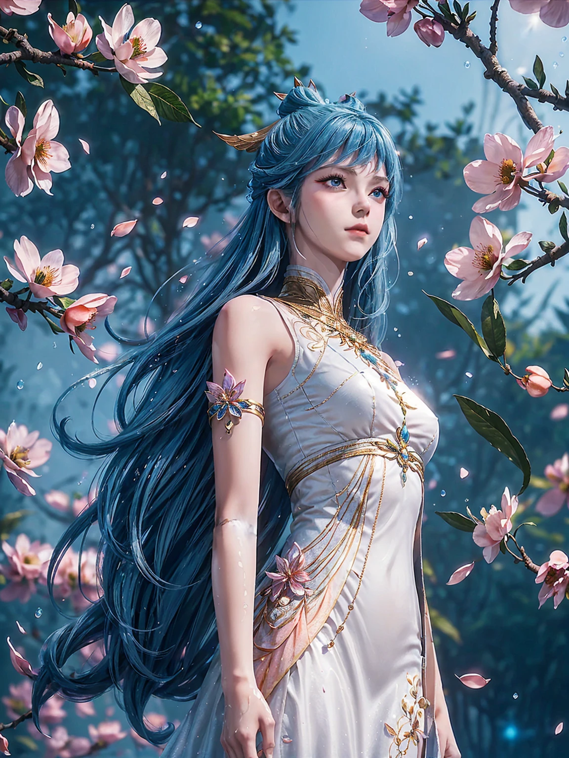 There are My Fair Lady,Fair smooth skin,flowers in full bloom,It is beautiful and delicate, Gold ornaments,Turquoise decoration,Various gemstones,No clothes,beautiful flowers,Goddess. Extremely high detail, extremely detailed goddess shot, Extremely detailed flower goddess,Blue sky,The background of the character has a light rainbow aperture, hyper HD,psychedelic goddess, goddess art, Beautiful digital artwork, Beautiful goddess,tmasterpiece,4K,Realiy,photorealestic,professional photoshooting,超高分辨率,