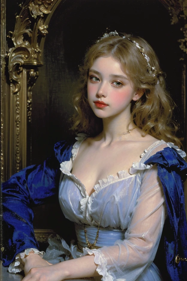 an oil painting, top-quality, ​masterpiece, 1girl, Dresses from the Belle Époque era, Noble lady, French cityscape, Marie Antoinette, Lady, decolletage, huge breasts,