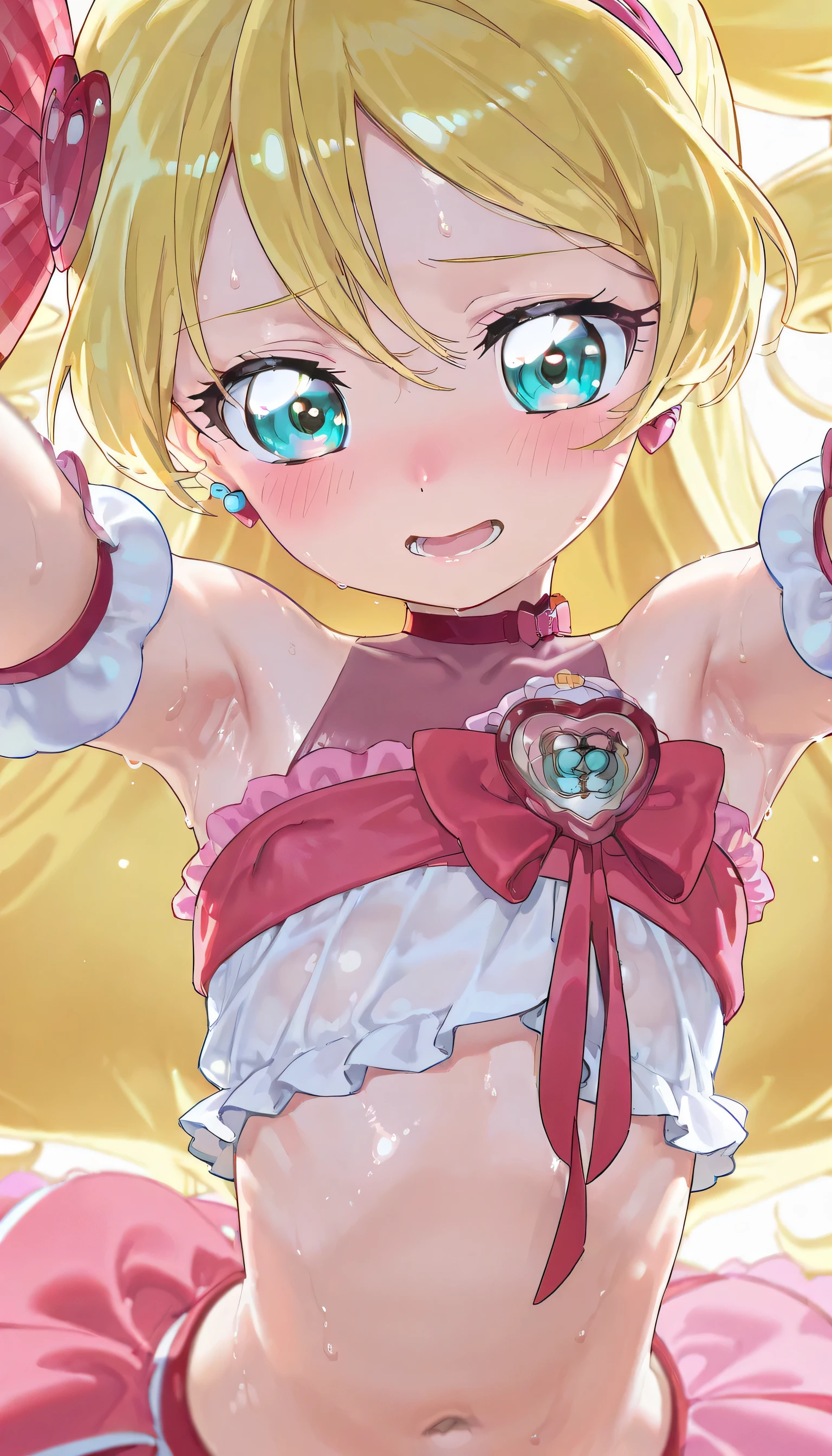 (masterpiece, finely detailed beautiful eyes: 1.2), ultra-detailed, ultra high res, professional lighting, high quality makeup, beautiful detailed eyes, Extremely cute, (extremely detailed beautiful face), (Authentic skin texture:1.4), very aesthetic, latest, scenery (delicate), Volumetric Lighting, depth of coverage, shiny skin, (dynamic angle for women, front view), (pink idol frilled costume, cure idol:1.2), (1 ultra super extremely cute lower elementary school student girl:1.1), (flat chest:1.1), (, petite body, small stature, toddler:1.4), (aged down:1.4), drooping eyes, (blush:1.3), (sweat), (shy), open mouth, (slender body, slender stomach:1.1), long volume hair, erect nipples, armpit focus, (sexual aroused face focus), (upper body focus:1.2)