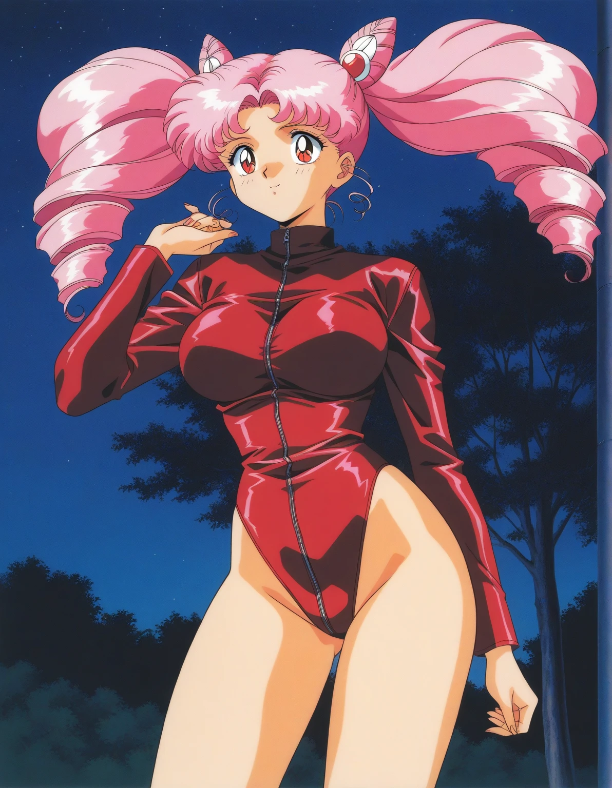 "(masterpiece:1.1), best quality,
1girl, (traditional media 80s:1.4), (eyelashes:1.5), (loli:1.2),
(intricate high detailed body:1.2),
(silver hair:1.1), (hair between eyes:1.1), (short hair, twin bun:1.1),
red eyes,
(pale skin:1.2), (muscular body:1.1), (gigantic breasts:1.3),
(expressionless:1.2), open mouth,
(strapless bikini armor:1.2), (knight armor, armored boots:1.2),
(suspenders:1.1), (streaked hair:1.2), gauntlets,
standing, (dynamic pose, action pose, arms behind head:1.2),
(upper body, cowboy shot, looking at viewer:1.1),
(daytime, grassland, outdoors:1.1)"