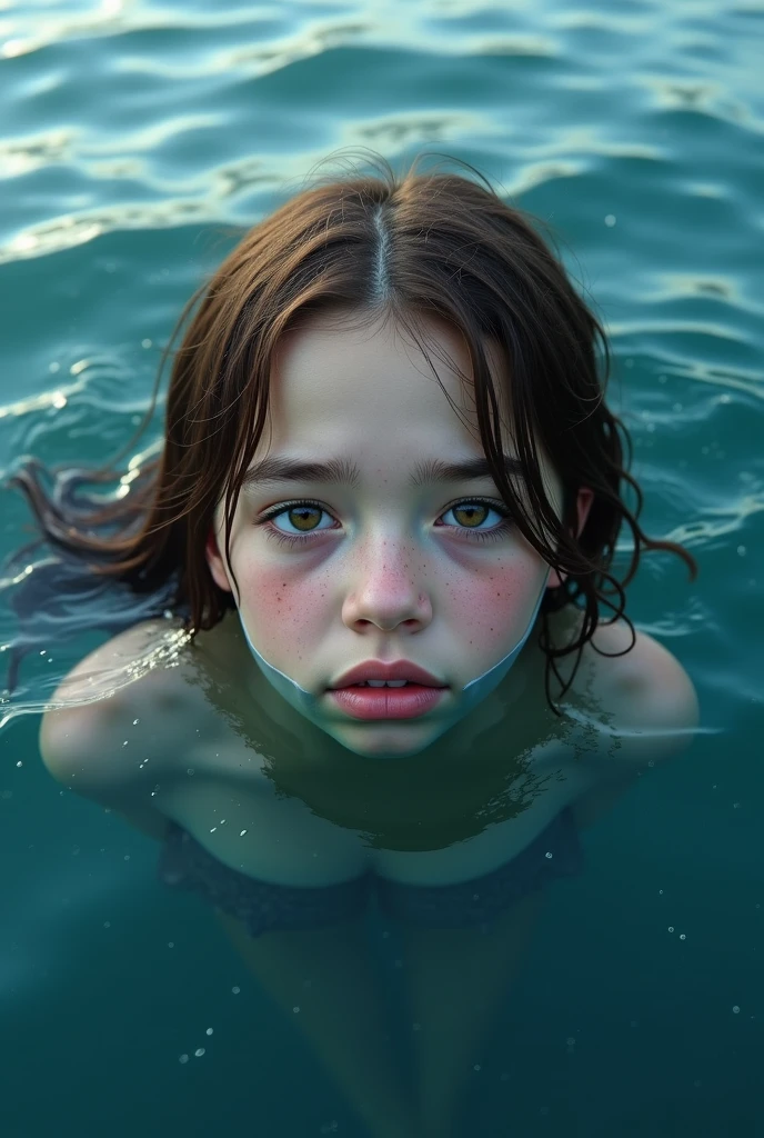 (girl swimming), (deep underwater ocean), (((dark eyes looking at you))), (((fleshy lips))), (pouting) (((bitgag))) tilting head, (very long neck), (very narrow hips), (((very small breasts))), ((tight iridescent creased leotard)), black and yellow fabric, (((skin is not visible on torso and neck))), cameltoe, (((very short legs))), ((spreading thighs)), calves pressed against thighs, her hands are in her hair, weightless disheveled hair, sunlight from above, realistic oil painting render, exaggerated perspective, (tyndall effect), NSFW