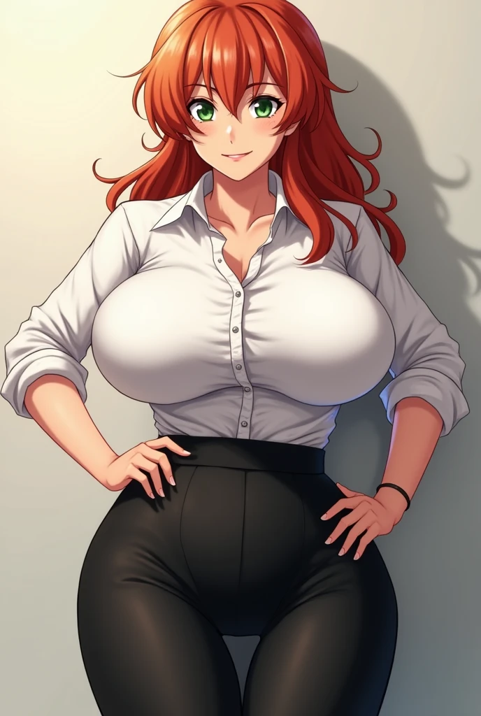 Super-detailed, 8k HD, Rangiku Matsumoto, 1 girl, solo, long orange hair, slender hips, thick thighs, huge and droopy breast, huge round ass, black office clothes and skirt, standing in the hallway, arm cross, serious face, looking at the viewer, view from the front