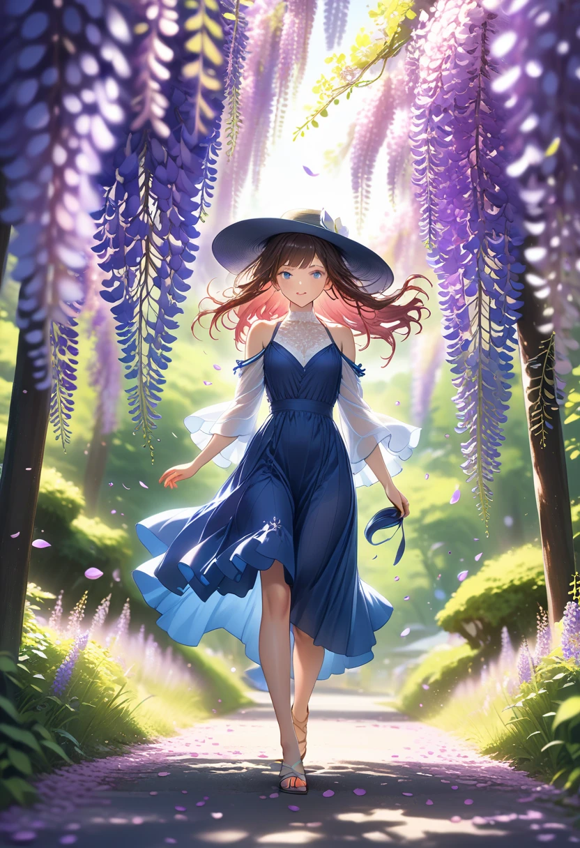 (Anime), beautiful woman, in the forest, wearing purple, burgundy layered hair, brown eyes