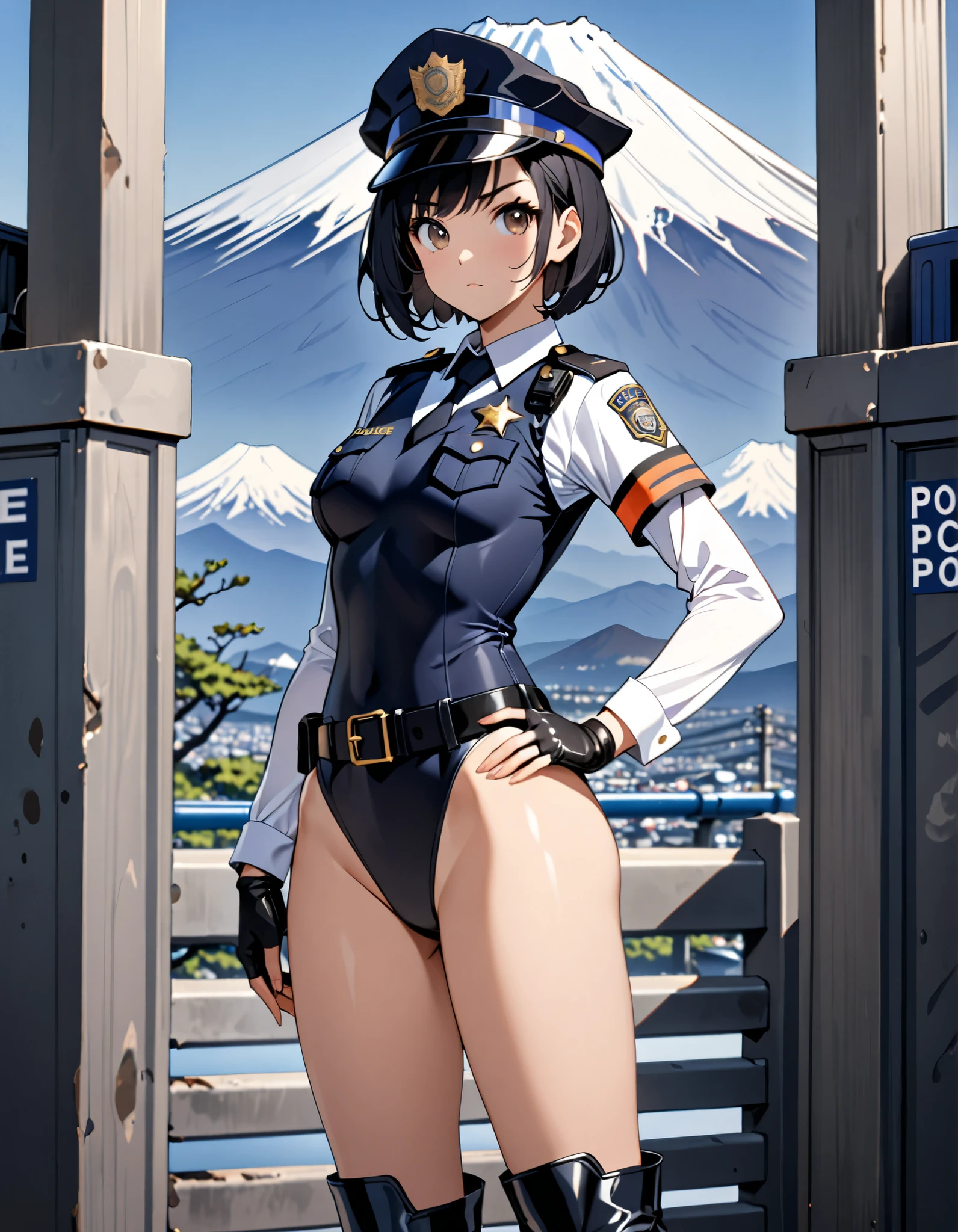 (Perfect body),Best Quality,(8K Portrait),(Official art)、(NSFW)、(((muscular)))、embarrassed from、1girl in,(:D)、One eye is closed、(((thick thighs)))、(((blush))),(Sweat),((((large udder))))、(big butts)、(Dark hair),((bob cuts)),Short hair,Blunt bangs、 (Yellow eyes),(((Navy blue striped bikini)))、Navy blue jacket、Police Hat、Black knee socks、((white boots))、((Left hand on hip))、(((Right hand salute)))、(In the street)